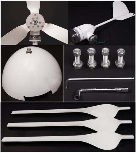 Components of 1000W 48V Horizontal Wind Turbine Kit With 3 Blades And MPPT Charge Controller, Easy Install For Off Grid Home Power Generation.