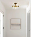 Zurich 12 Inch Rustic Semi Flush Mount Ceiling Light With Glass Shade And Oil Rubbed Bronze Finish Antique Brass Accents in hallway.