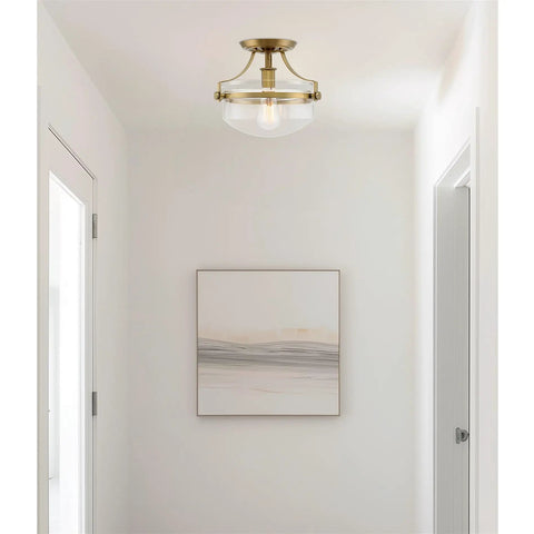Modern Industrial Gold Semi Flush Mount Ceiling Light With Clear Glass Schoolhouse Bowl Shade And Warm Brass Finish For Bright Rustic Home Ambience Ideal Kitchen Or Foyer Lighting Easy Install in hallway
