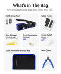 RJ45 Crimp Tool Kit For Cat7 Through Cat5e With Pro Grade Crimper, 50 Connectors And Boots, Cable Tester, Wire Stripper And Cutter, In Cloth Bag