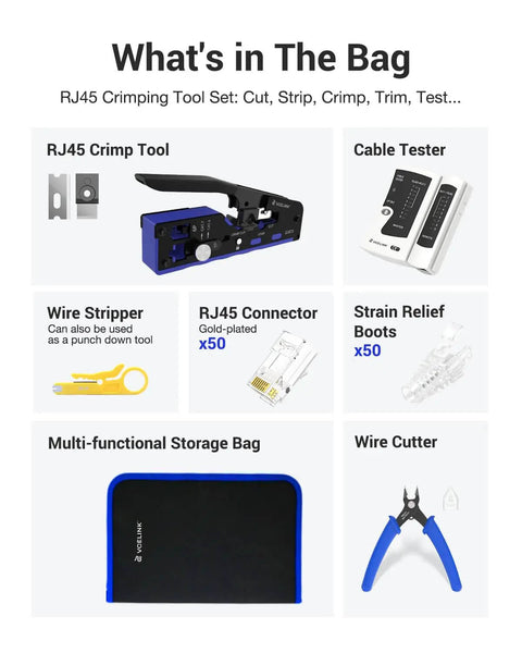 RJ45 Crimp Tool Kit For Cat7 Through Cat5e With Pro Grade Crimper, 50 Connectors And Boots, Cable Tester, Wire Stripper And Cutter, In Cloth Bag
