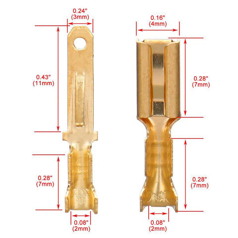 Gold Tone 2.8mm Spade Terminal Connectors, Female And Male Quick Splice Crimp, dimensions labeled, 20-18 AWG, 2mm cable diameter.