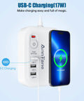 US To Europe Travel Plug Adapter With 4Ft Extension Cord Not For UK A Must Have Travel Essential For Germany France Greece Spain Italy Austria Netherlands And Other European Countries showing USB-C charging with phone