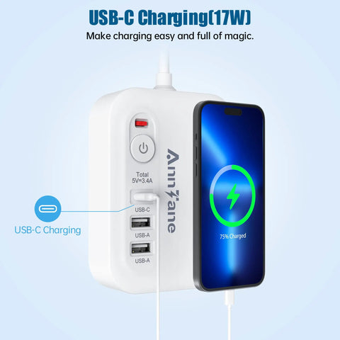 US To Europe Travel Plug Adapter With 4Ft Extension Cord Not For UK A Must Have Travel Essential For Germany France Greece Spain Italy Austria Netherlands And Other European Countries showing USB-C charging with phone