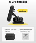 Magnetic Car Phone Mount For Dashboard With 360 Degree Swivel Head And Super Grippy Hold, shown with accessories included.