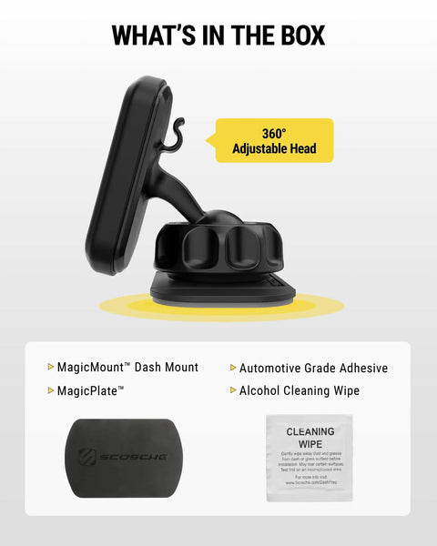 Magnetic Car Phone Mount For Dashboard With 360 Degree Swivel Head And Super Grippy Hold, shown with accessories included.