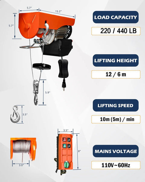 Electric Hoist With Wireless Remote Control 440 880 1320 2200 Lbs Lift Capacity For Garage Ceiling Crane Zinc Plated Steel
