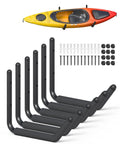 Beefy Wall Mount Kayak Storage Rack With Mega EVA Foam And Rubber Bushing For Lockdown Paddle Board And Surfboard Hangers 6 Pack displayed with hardware and yellow kayak.