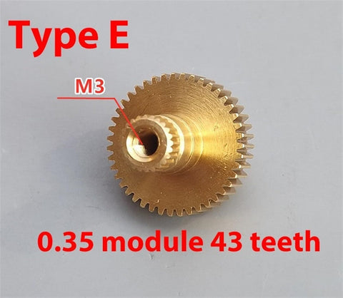 0.35 Module 43 Tooth Copper Gear Shaft M3 Internal Screw Gearbox for RC Cars and Micro Models, top view, Type E, metal gear