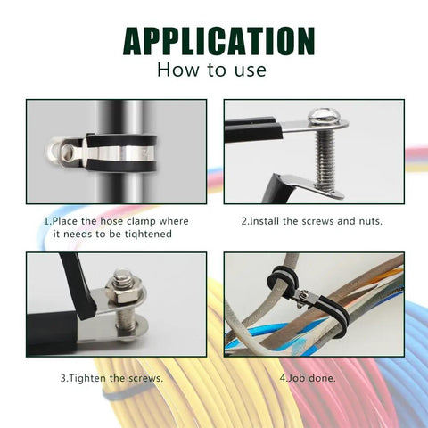Application steps for Rugged Heavy Duty 1 Inch Insulated Cable Clamps Kit Ten Pieces Stainless Steel Rust Resistant