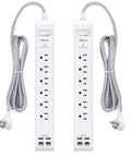 Two Pack Six Outlet Surge Protector Power Strip with Four USB Ports Including Two USB C Ports and Five Foot Flat Plug