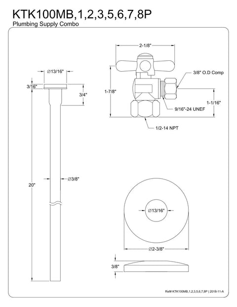 Trimscape Toilet Supply Kit In Polished Brass, Solid Brass Build, 20 Inch Length, with specifications and dimensions diagram
