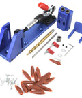 Pocket Hole Jig Wood Joinery Guide with toggle clamp, step drill bit, screws, and plastic plugs for DIY woodworking