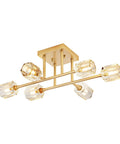 6 Light Brushed Gold Semi Flush Mount Ceiling Light Fixture, Modern Sputnik Chandelier with cube glass shades