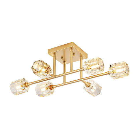 6 Light Brushed Gold Semi Flush Mount Ceiling Light Fixture, Modern Sputnik Chandelier with cube glass shades
