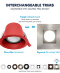 Twelve Pack Four Inch Square Led Recessed Lights With J Box, Five Way Color Shifting, Built Tough Fire Rated Housing, Smooth Dimmable Ic Wet Rated, Super Bright Brushed Nickel Finish with red trim attachment.