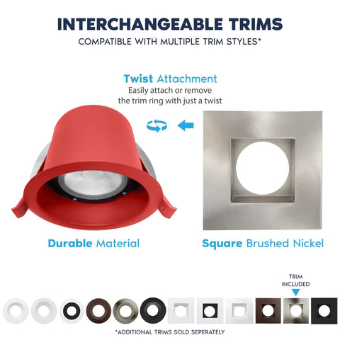 Interchangeable trims for Six Pack 4-Inch Square Led Recessed Ceiling Lights With Integrated J Box And 5CCT Adjustable Warm To Cool White Dimmable Ic Wet Rated Fire Certified Build In Smooth Brushed Nickel Slick Finish.