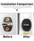 Installation comparison of Set Of Four Rock Solid Silicone Door Latch Covers Anti Impact Bumper Pads showing before and after.