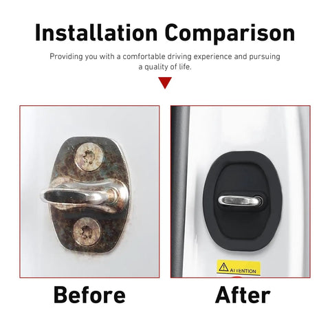 Installation comparison of Set Of Four Rock Solid Silicone Door Latch Covers Anti Impact Bumper Pads showing before and after.