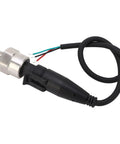 Stainless Steel Pressure Transducer For Zero To Twenty MPa With One Eighth Inch NPT Port And Five Tenths To Four And A Half Volt Output Water And Oil Compatible Sensor Built To Last That Directly Replaces Mechanical Gauges In Liquid Systems. Close-up of transducer with wire and connector.