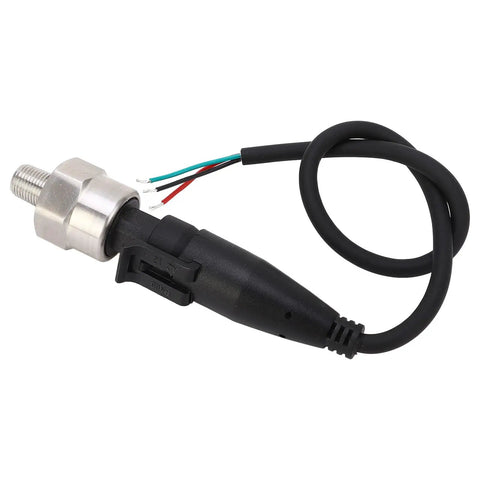 Stainless Steel Pressure Transducer For Zero To Twenty MPa With One Eighth Inch NPT Port And Five Tenths To Four And A Half Volt Output Water And Oil Compatible Sensor Built To Last That Directly Replaces Mechanical Gauges In Liquid Systems. Close-up of transducer with wire and connector.