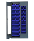 Modular Shelving Cabinet With 20 QUS240 And 8 QUS250 Blue Bins, Heavy Duty 14 Gauge Carbon Steel Storage, 400 Lb Capacity, 36W X 18D X 78H, Beige, Ideal For Industrial Warehouse Organization, open front view