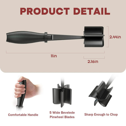 Five Blade Premium Stainless Steel Meat Chopper And Hamburger Press Tool For Fast Ground Beef Crumbling Chicken And Pork Preparation, showing 11in length with 5 beveled blades.