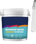 Large tub of polyurethane waterproof coating with brush applying white paint, suitable for roofs and outdoor surfaces.