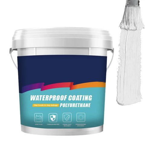 Large tub of polyurethane waterproof coating with brush applying white paint, suitable for roofs and outdoor surfaces.