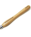 Top Notch M2 High Speed Steel Cryogenically Treated Bowl Gouge For Woodturning Boasts A Killer Edge And Dead Center Balance Throughout Every Pass With A Sturdy Beech Wood Handle close-up of beech wood handle with engraved branding.