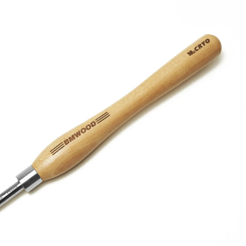 Close-up of premium beech handle of Rock Solid M2 High Speed Steel Spindle Gouge With Cryo Enhancement for woodturning.