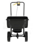 Front view of Outdoor Broadcast Lawn Spreader 70 Lbs Capacity Walk Behind Push Spreader with wheels and hopper grate