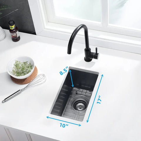 Stainless Steel Single Bowl Bar Sink Undermount Prep Sink With Strainer And Waste Basket For Small Spaces Black 10 By 17 By Eight And A Half Inches Durable Finish shown in a modern kitchen with measuring dimensions.