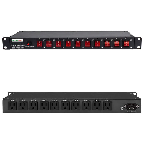 Front and back view of 10 Outlet 1U Rack Mount PDU With Individual Switches Surge Protector 100-240V 15A 1800J