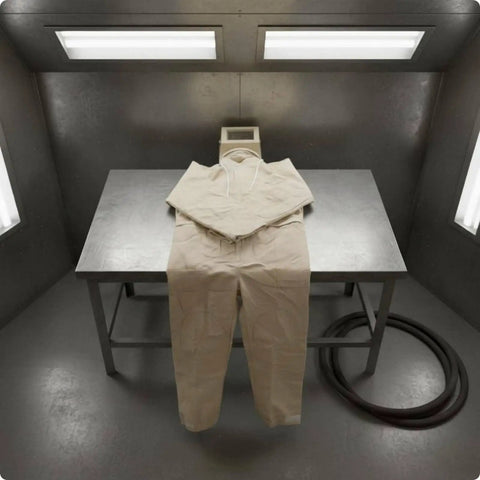 Canvas Sandblasting Suit With Hood Full Body Dustproof Workwear For Grinding And Sanding In Factory Workshops Hardcore Protection And Comfortable Fit Durable Grit Proof Coverall For Maintenance Jobs beige hooded coverall on worktable
