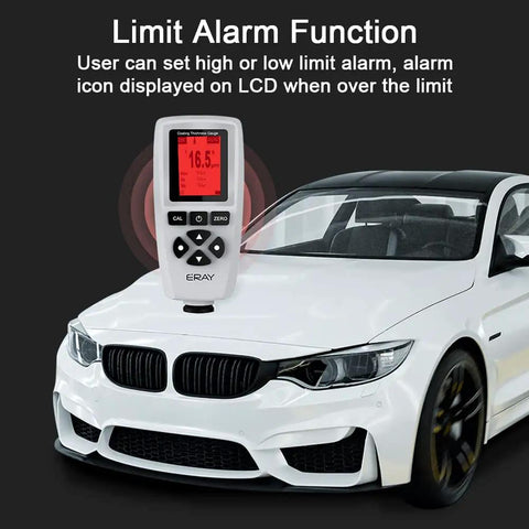 Mil Thickness Gauge With Fe NFe Dual Probe 0 to 2000 Um Coating Thickness Meter With Backlit LCD Display Stores Up To 320 Readings When Off Power, 4 Groups, User Friendly Visual Interface For Paint, Automotive, And Coatings on white car hood