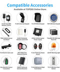 Image of compatible accessories available at TOPENS, including various remotes, sensors, and keypads for gate openers.