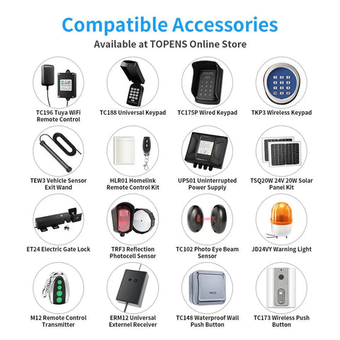 Image of compatible accessories available at TOPENS, including various remotes, sensors, and keypads for gate openers.