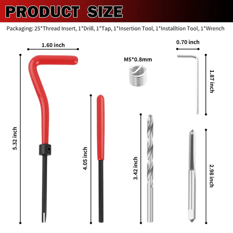 Pro Grade M5x0.8 Stainless Steel Thread Repair Kit with tools including drill, tap, and inserts for internal thread repair.