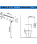 Diagram showing installation size for Foldable Toilet Grab Bar With Flip Up Design, Non Slip Stainless Steel Bathroom Safety Rails