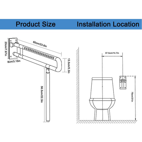 Diagram showing installation size for Foldable Toilet Grab Bar With Flip Up Design, Non Slip Stainless Steel Bathroom Safety Rails
