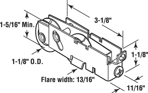 Heavy Duty Sliding Patio Door Roller Assembly Featuring Concave Tandem Wheels And F Tab Design For Straight Up Reliable Gliding Replacement Hardware Parts Single Pack, with detailed measurements.