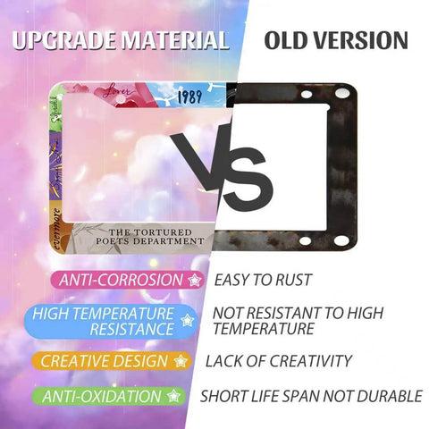 Comparison between colorful Dope Universal Stainless Steel License Plate Frame and rusty old version, 12x6 inch, durable accessory.