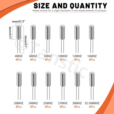 96 Pcs 3x8mm DIP Quartz Crystal Oscillators Kit With 4-32.768MHz Frequencies, size and quantity chart for DIY electronics