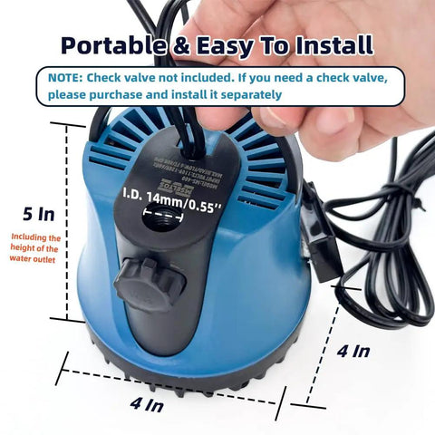 Compact Tiny But Mighty Automatic Submersible Sump Pump 400 GPH 115V With Auto Shut Off, blue and black, front view