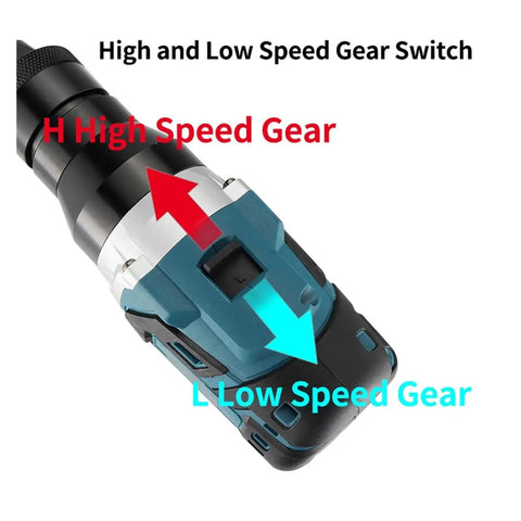 High Power Brushless Electric Rivet Nut Gun Kit showing high and low speed gear switch for versatile use