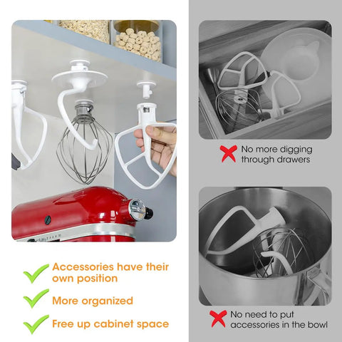 Four Pack Stand Mixer Attachment Organizer for KitchenAid accessories showing Flex Edge Beater, Flat Beater, dough hooks, and wire whip