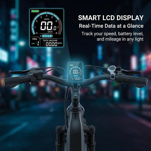 Powerful 2000W Peak Electric Mountain Bike With 864Wh Battery And Step Through Frame Delivers 40 To 80 Mile Range On Fat 24 Or 26 Inch Tires Full Suspension For Off Road Trails And Daily Commuting, featuring LCD display
