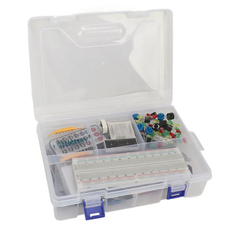 Electronic Components Starter Kit With Basic Repair Tools And Stepper Motor Servo For R3 Projects Packed With Wireless Communication Modules And Identity Authentication Features For Quick Hands On Learning. Clear plastic organizer with breadboard and parts