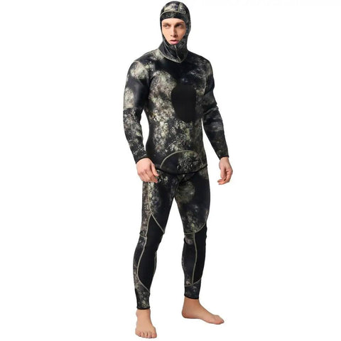 Mens Camo Spearfishing Wetsuit 3mm and 1.5mm Neoprene Two Piece Hooded Long Sleeve Dive Set With Chest And Knee Pads Quick Drying